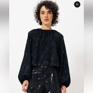 NWT FRNCH Small Edmee Sequin/textured Balloon Sleeve Cropped Black Blouse